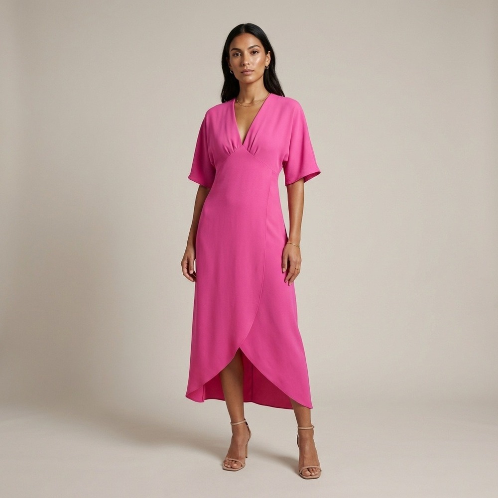 Trina Turk Pink V-Neck Kimono Sleeve‎ High-Low Midi Dress TD19R028 Womens Size 4